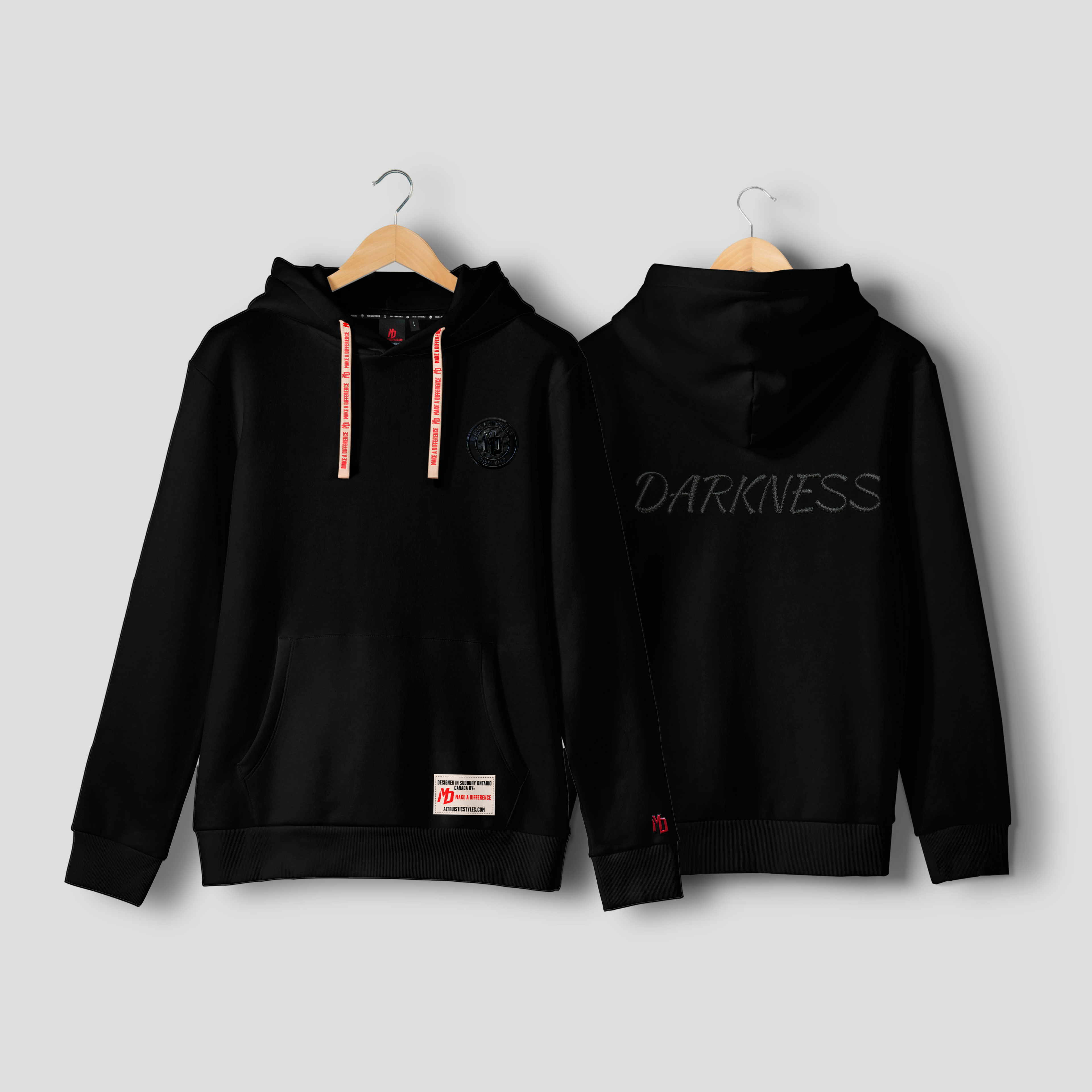 Out of the darkness hoodie featuring 3D embroidery and patch with Make A Difference drawstrings.